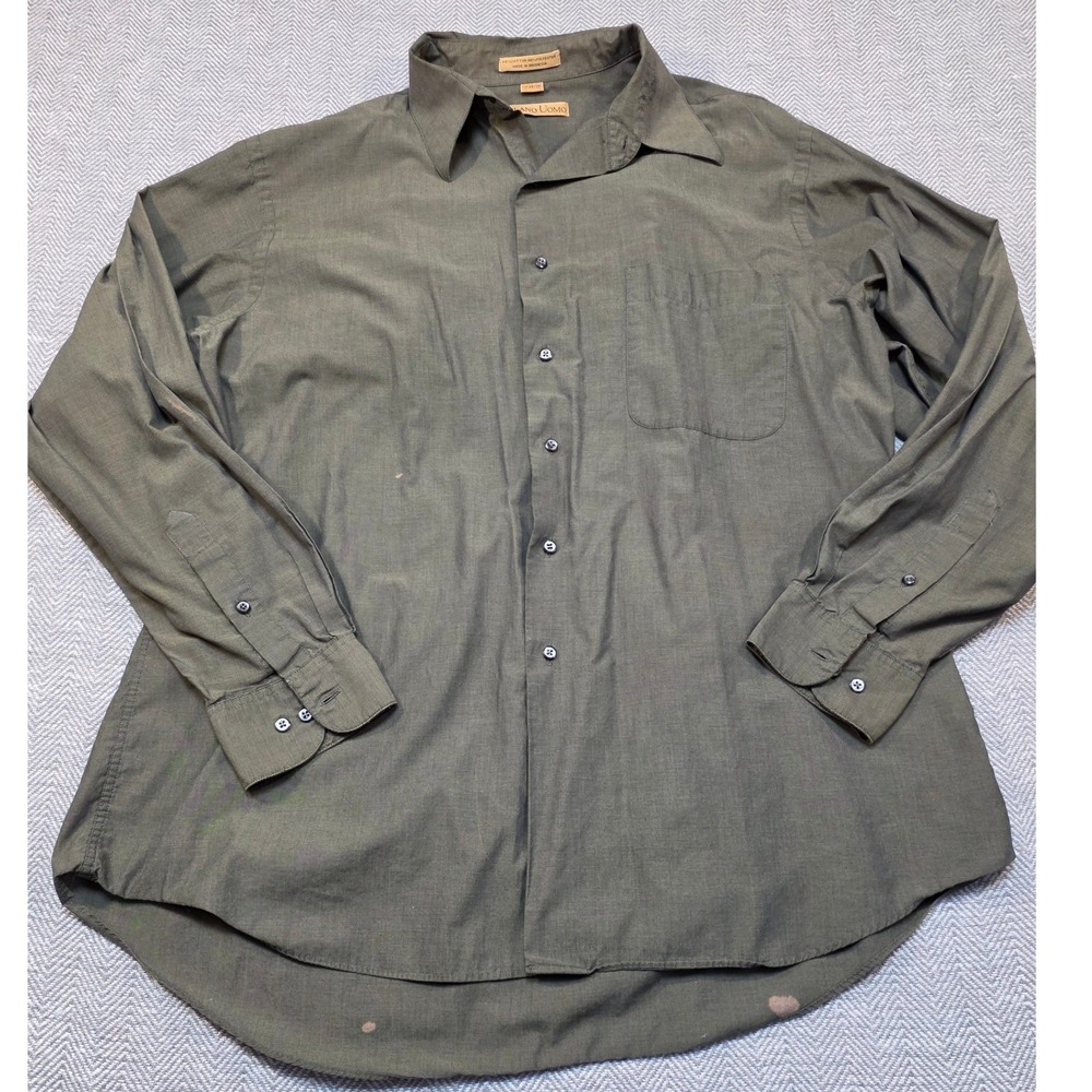 Milano Uomo Mens Olive Green Button Down Shirt Long Sleeve Cotton Blend 17 34/35